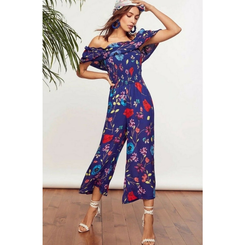 Parker Janice Floral Off Shoulder Smocked Romper Valencia Size 0 $338 Silk Blue